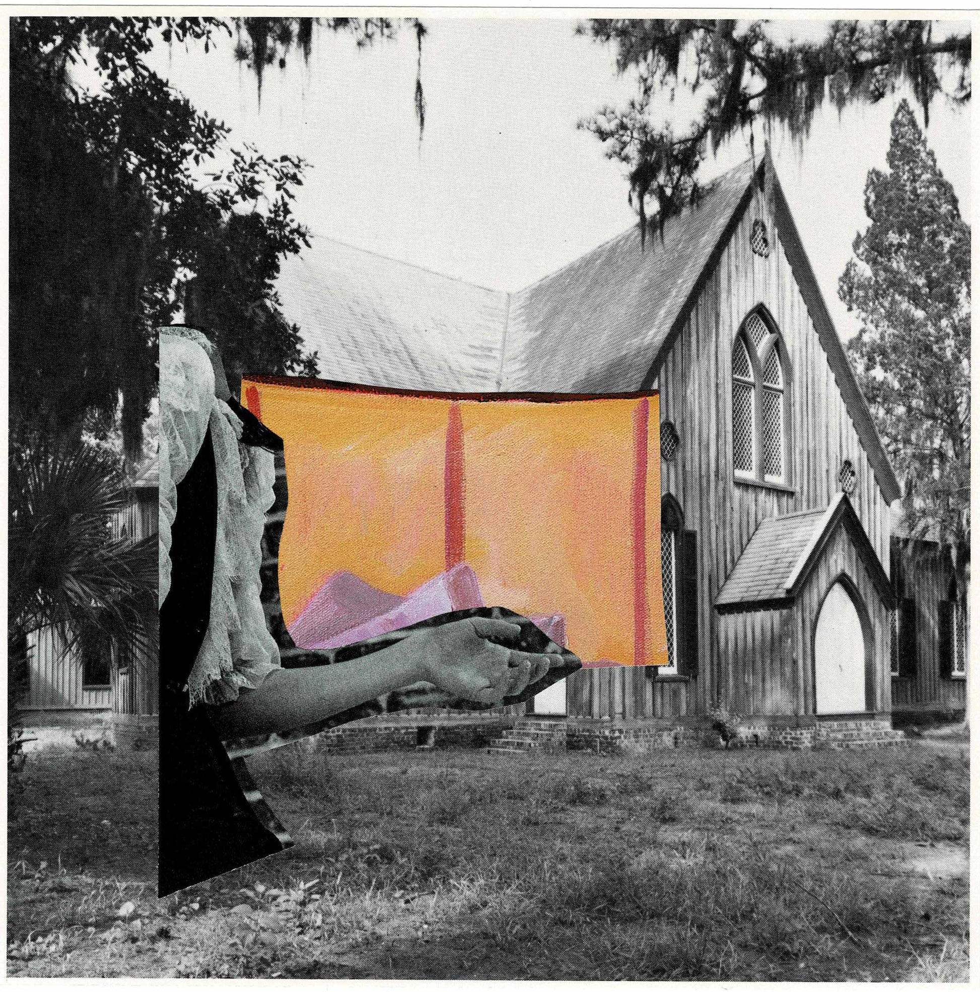 Collage of a church with a colorful fabric held by hands in the foreground