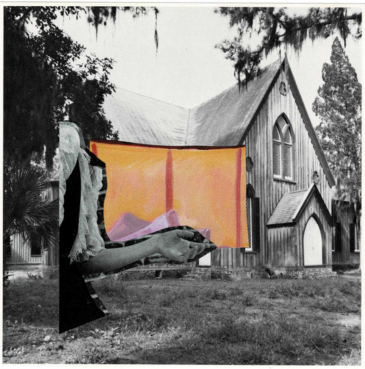 Collage of a church with a colorful fabric held by hands in the foreground