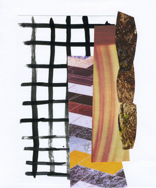 Mixed media collage showcasing shapes, abstract cutouts with ink drawing.