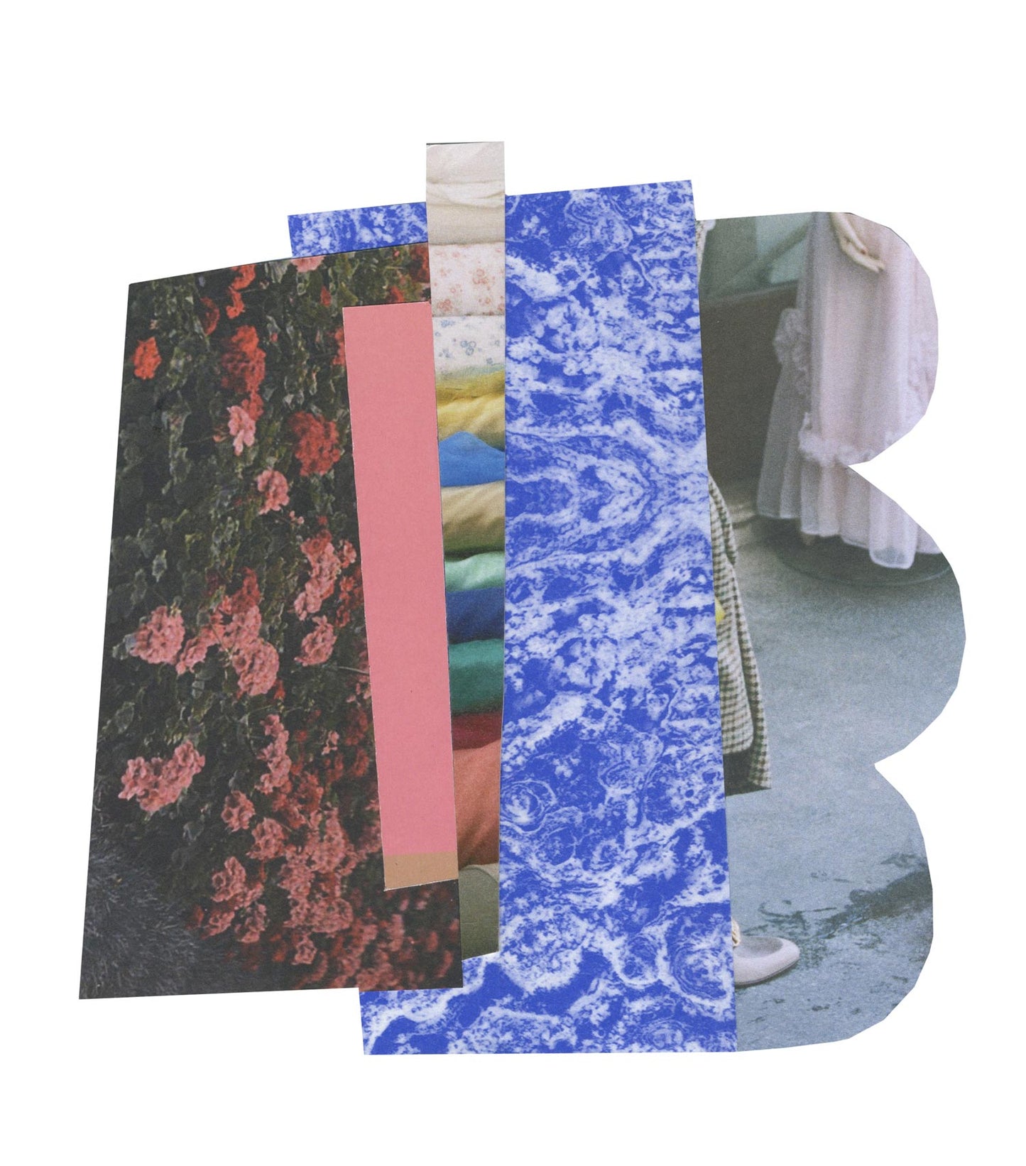 Abstract collage blending floral patterns, fashion magazine cutouts and geometric shapes in vibrant colors.